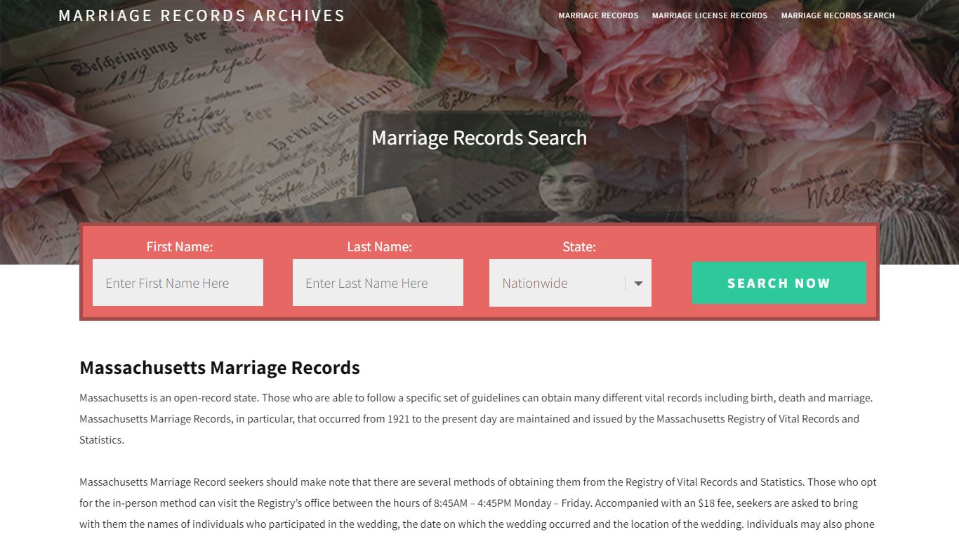 Massachusetts Marriage Records - Enter Name and Search